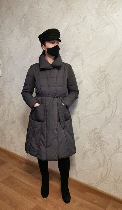 Теплая зимняя куртка серое пальто пуховик, размер S M L