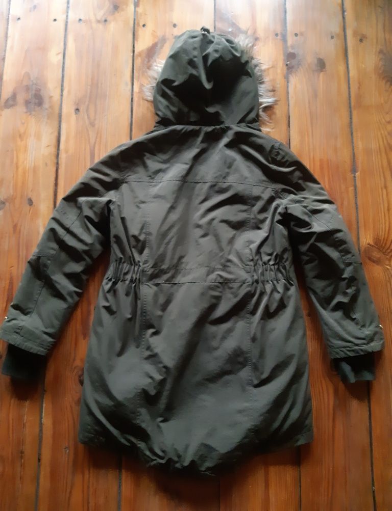 Zielona khaki zimowa damska kurtka parka z różowym misiem kaptur 38 M