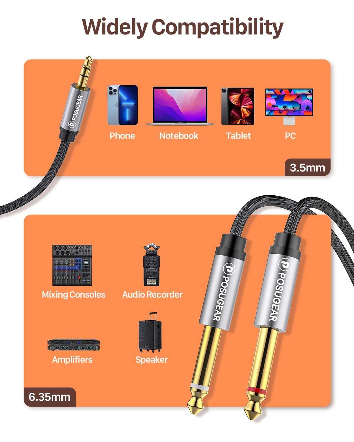 POSUGEAR Kabel audio 3,5 mm na Dual 6,35 mm mono Y 2 m, spp674