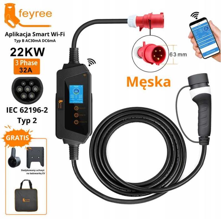 Mobilna ładowarka EV 22KW 32A 3 fazy + torba i uchwyt FEYREE