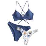 Bikini Strój kąpielowy 3w1 granatowe push-up z kwiatowym dołem rozmiar