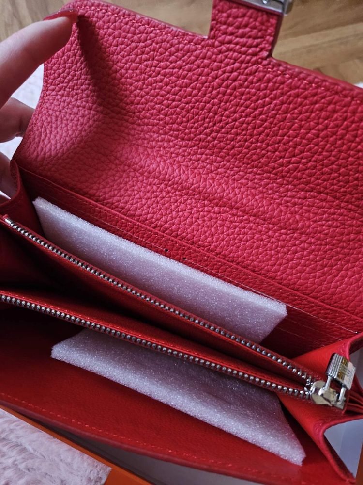 Женский брендовый кожаный кошелек Hermes Гермес красный в коробке