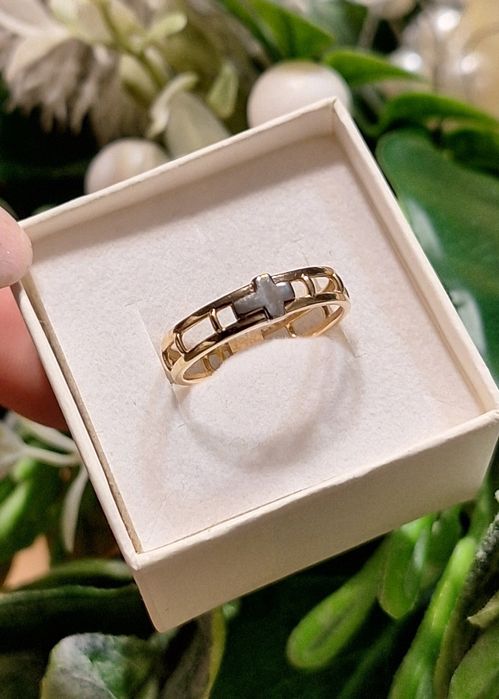 Pierścionek złoty 585 obrączka ażurowa różaniec z krzyżykiem r 15