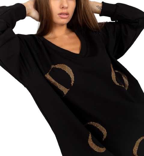 Luźna tunika/sukienka/bluza z kieszeniami i złotą aplikacją - czarna