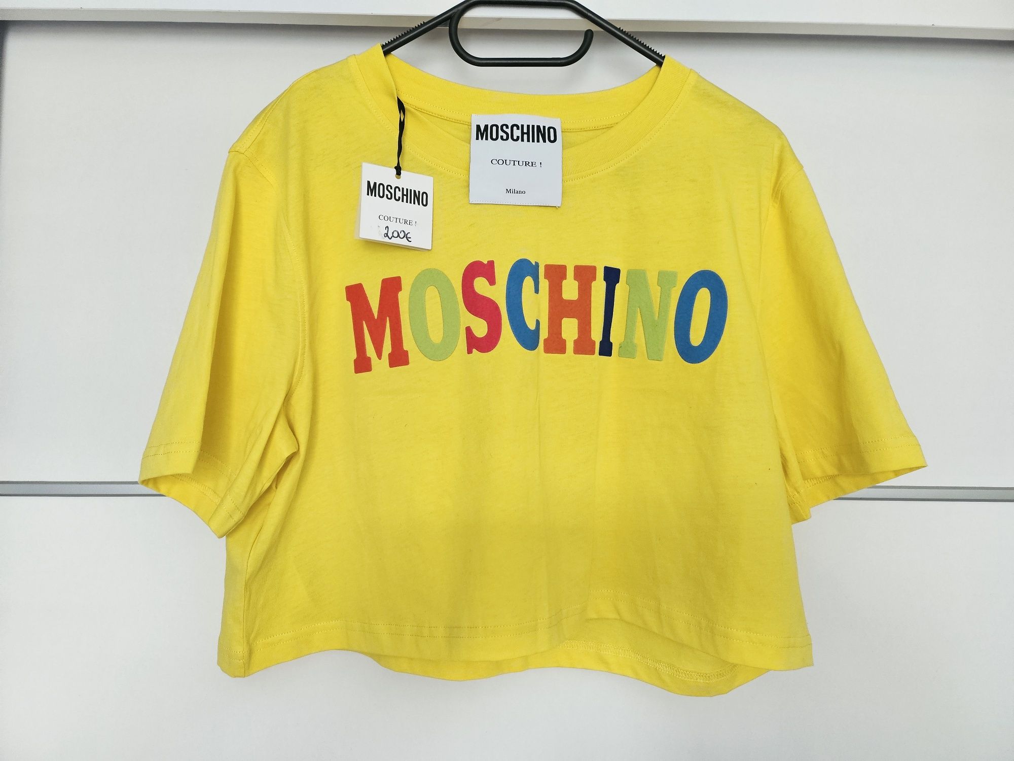 Crop top Moschino żółta napis kolorowy rozm 40