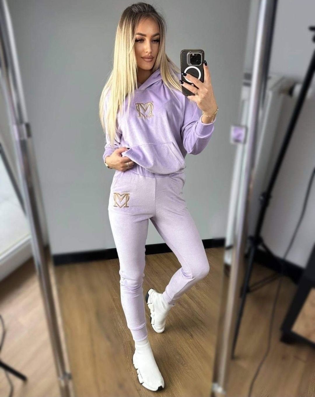 Dres welurowy lila fiolet fioletowy 36/S damski 38/M nowy bluza spodni