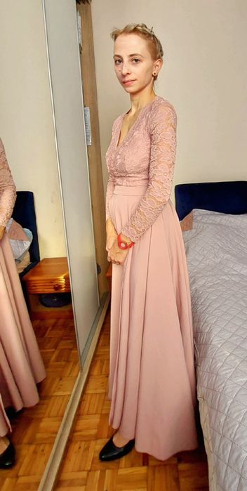 Suknia ślubna S.Moriss XS 34 pudrowy róż koronka długa