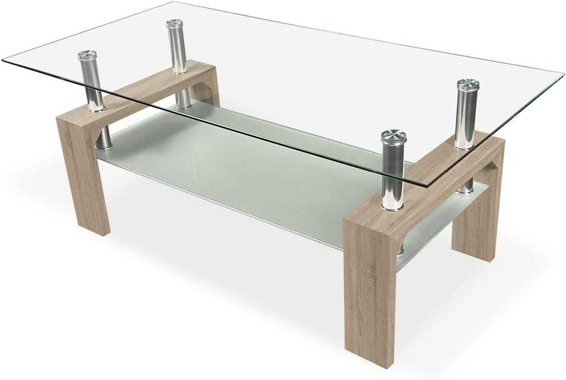 Mesa de centro de vidro 110 x 45 x 55 cm [BRANCO ou MADEIRA] - NOVO