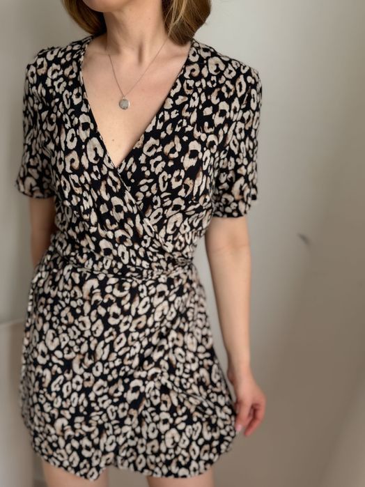 Sukienka kopertowa 100% wiskoza H&M panterka czarna beżowa wiązana 40