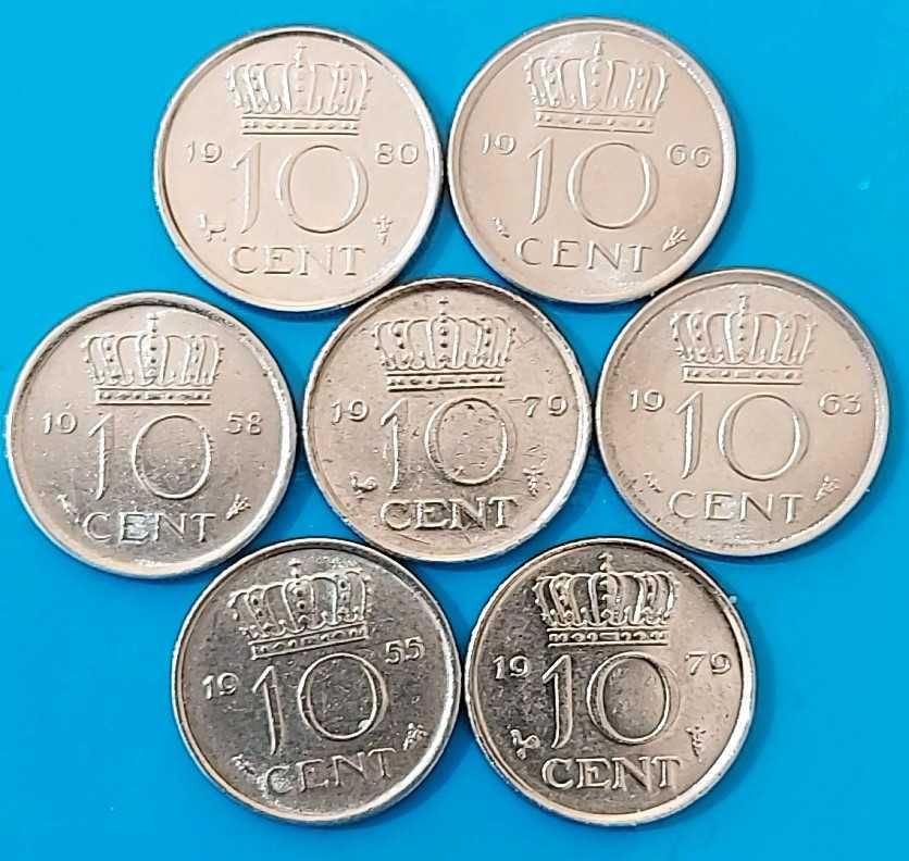 7 moedas de 10 Cêntimos de 1955 a 1980,  Juliana  Países Baixos