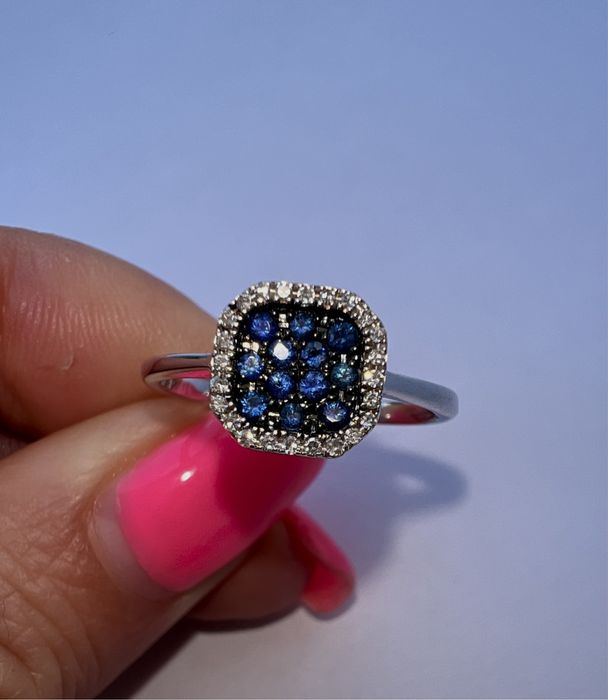 Золотое кольцо с бриллиантами и сапфирами р.17 белое золото 585 проба