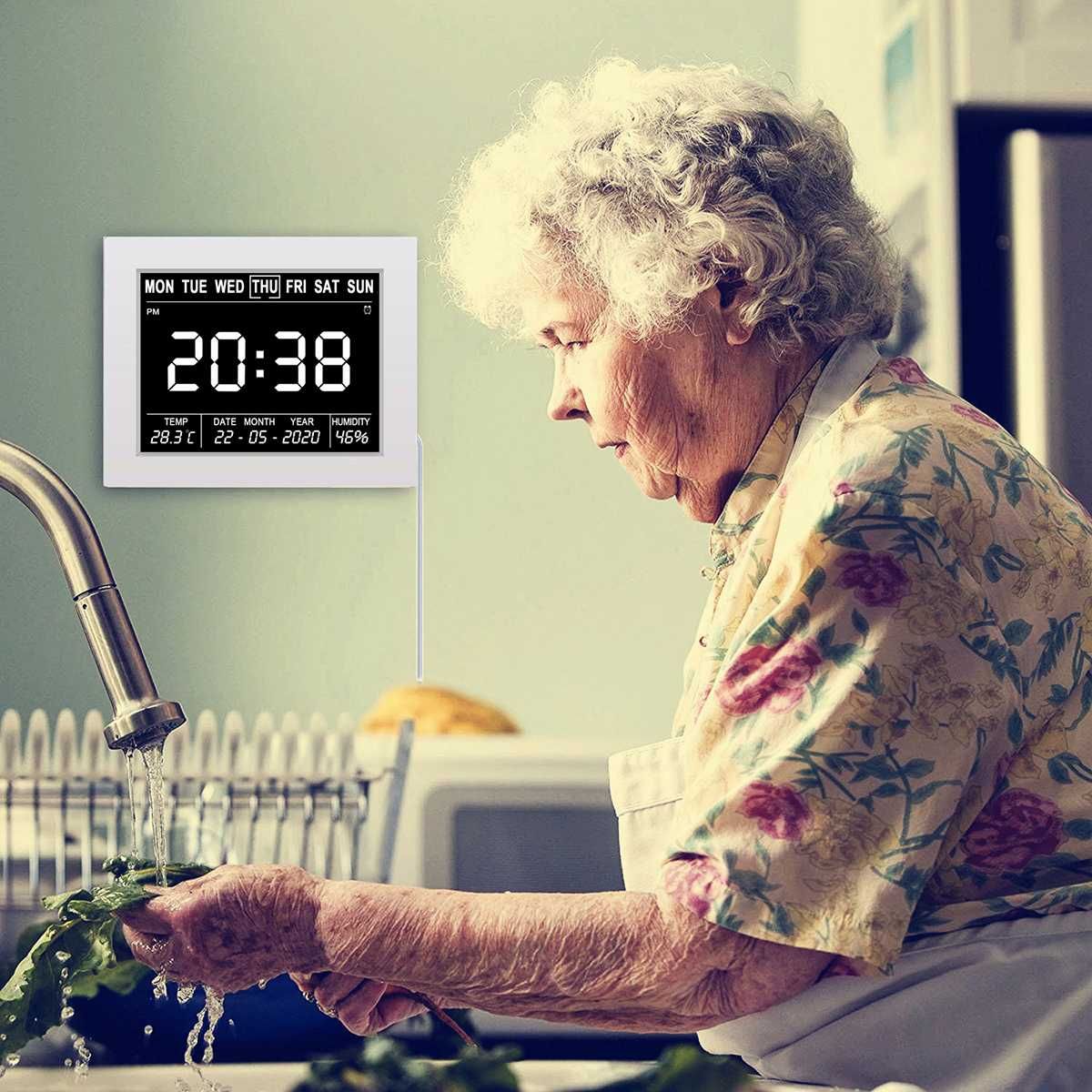 Cyfrowy Zegar Z Kalendarzem 8" LCD Duży Ekran Temperatura Wilgotność