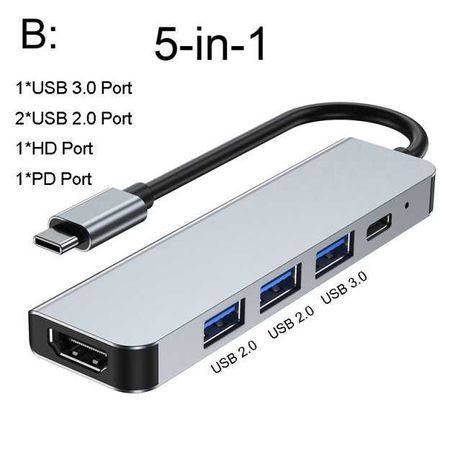 nowy Adapter USB C 5w1, USB 3.0, HDMI, PD, 4K.