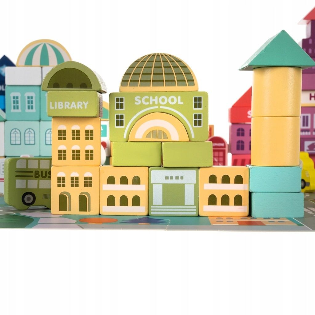 Klocki drewniane Miasto Auta 100szt. Edukacyjne + mata puzzle