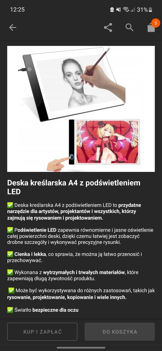 Tablet graficzny deska kreślarska led A4