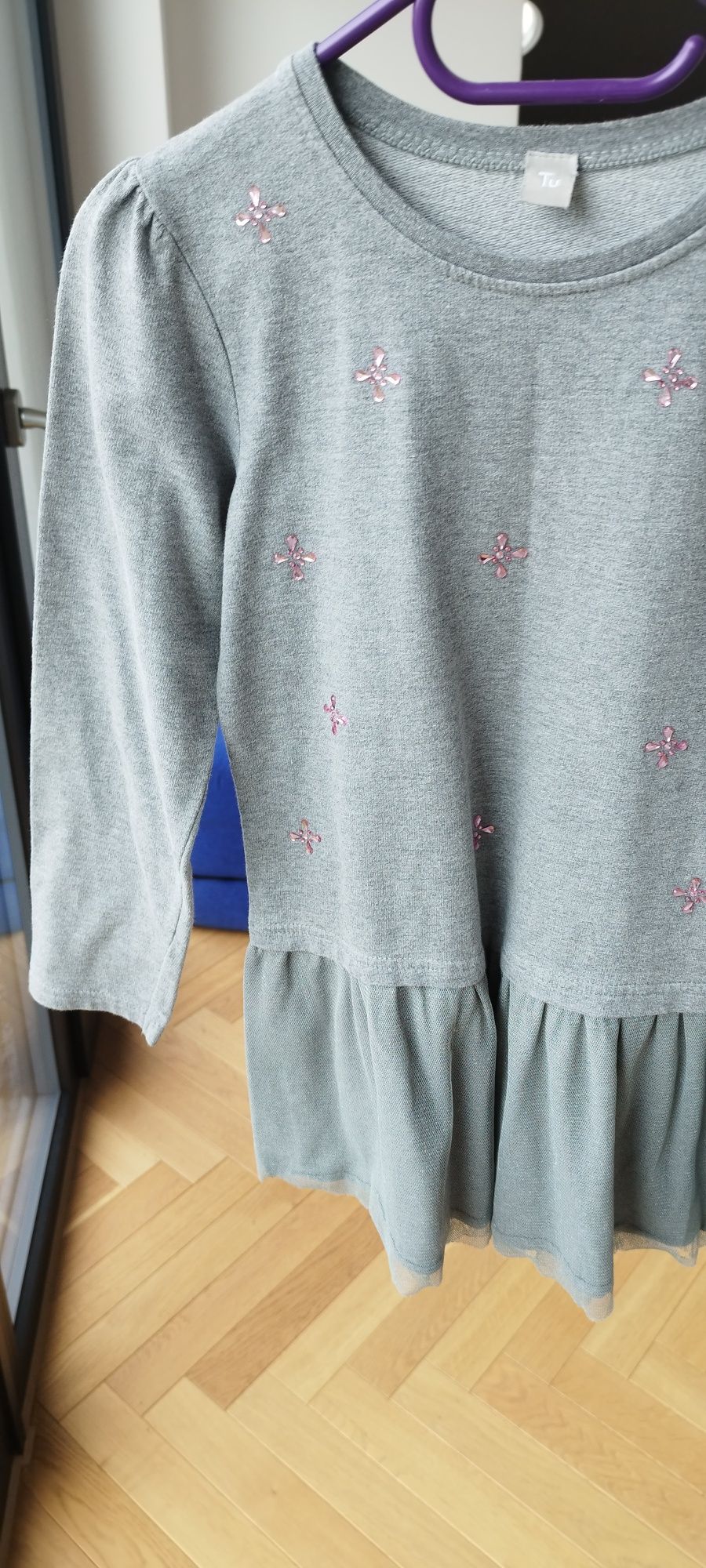 Bluza tunika tiul kryształki kwiaty różowa srebrna 140