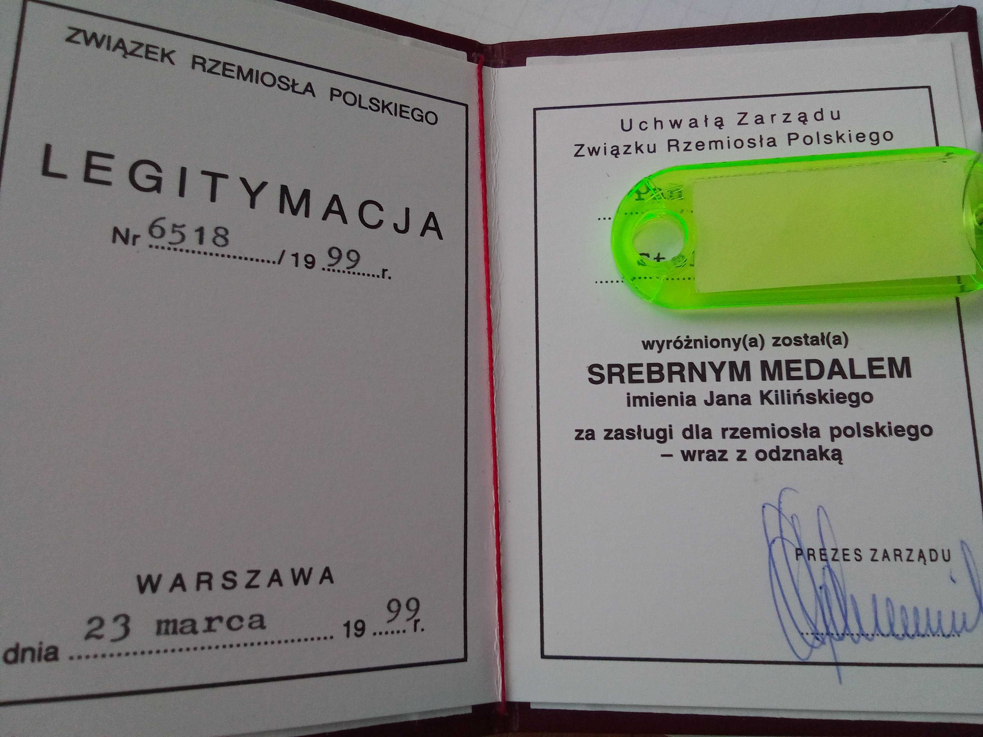 Srebrny Medal im.Jana Kilińskiego -legitymacja do medalu.