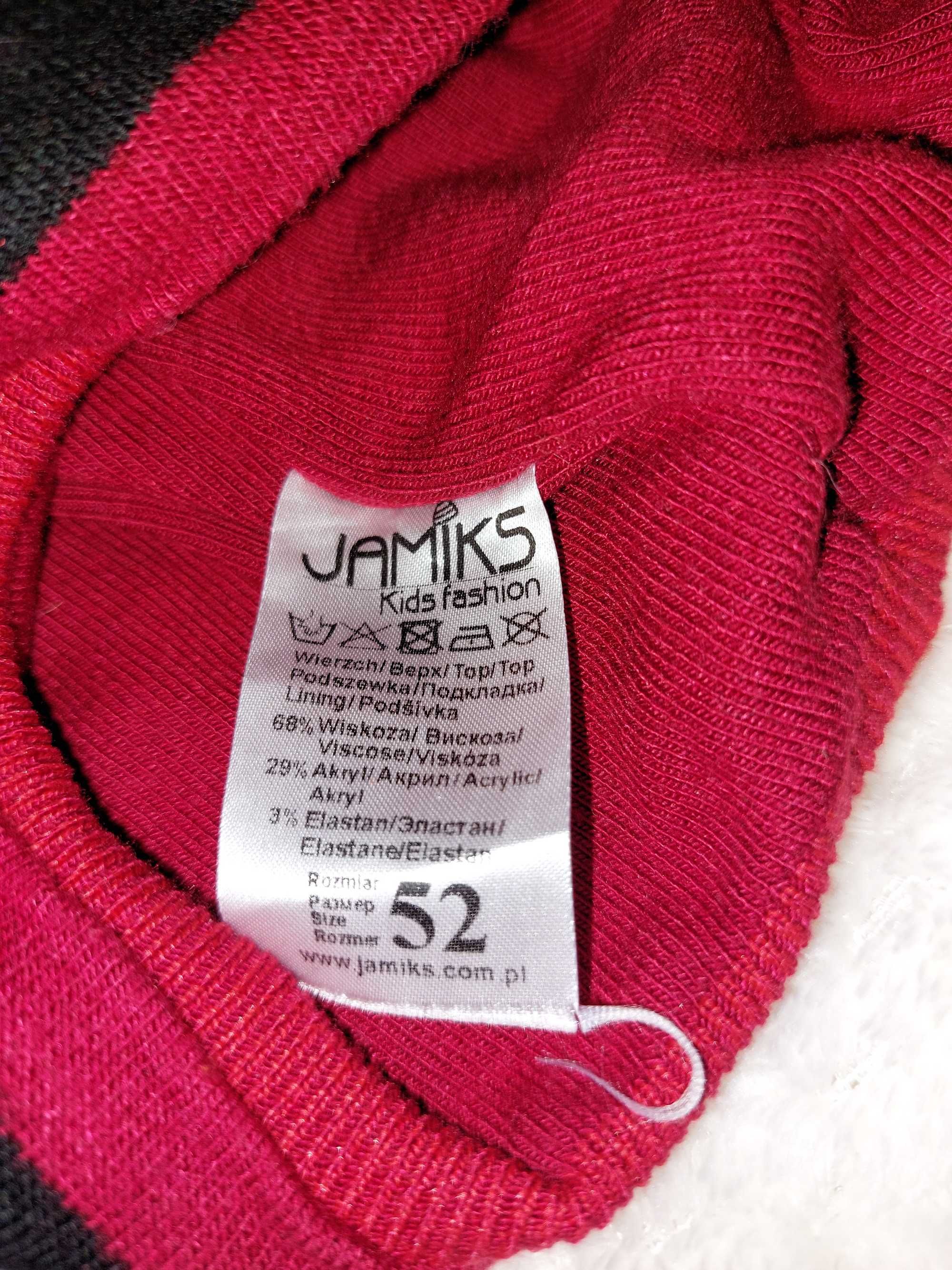 Czarna czapka w czerwone kropki, z pomponem, obwód głowy 52, Jamiks