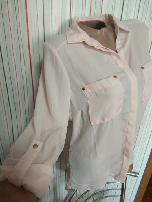 Пудровая блуза рубашка L с застежкой на рукаве,блузка пудра удлиненная