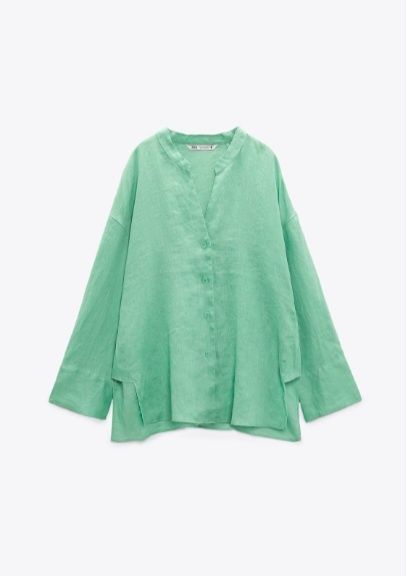 Зелёная льняная рубашка Zara. Размер М