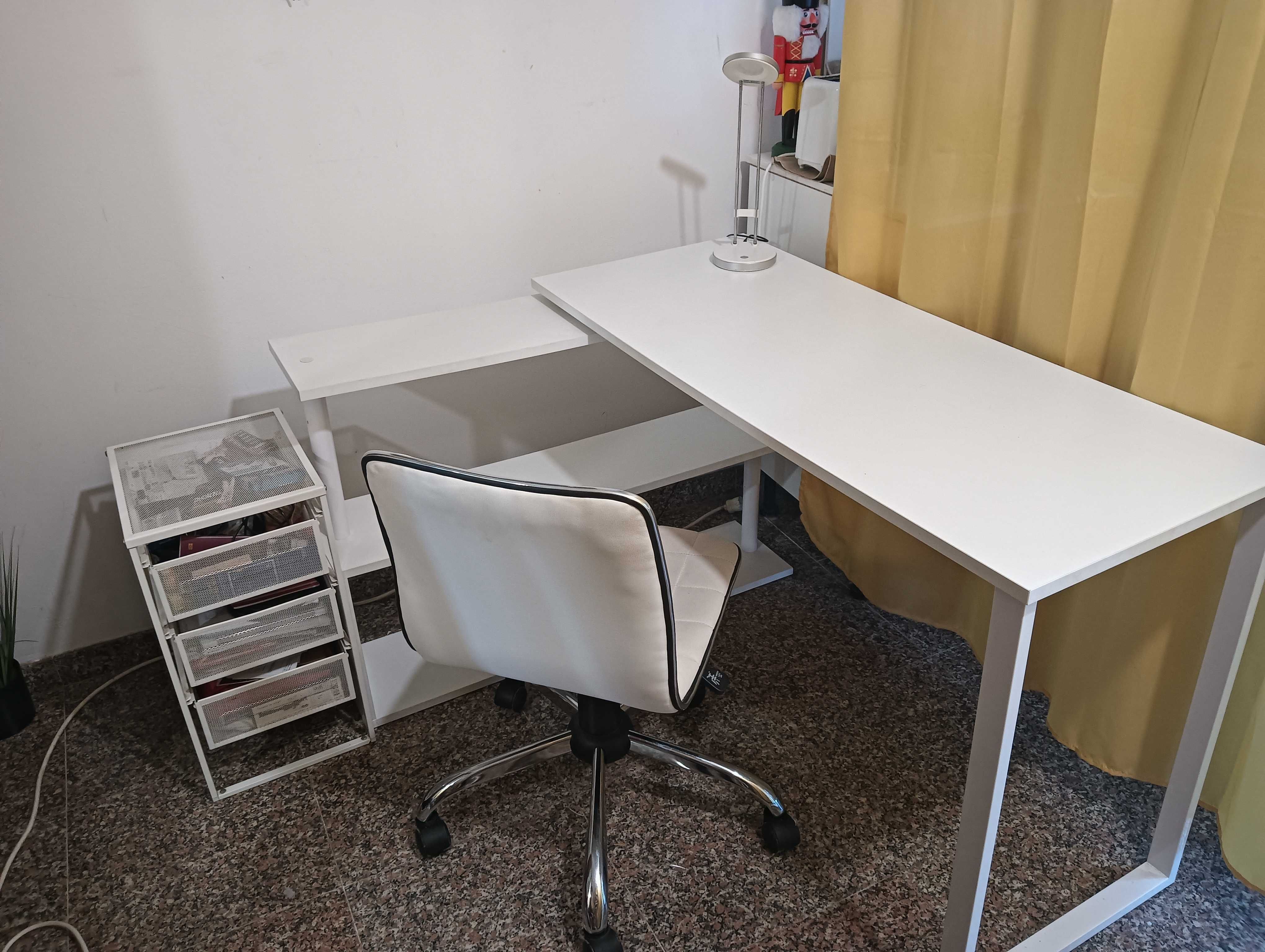 Conjunto Escritório: Secretária 2 em 1 + Gavetas + Cadeira + Candeeiro