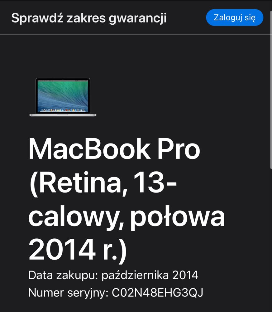 MacBook Pro A1502/2014/i5/2.6GHz/8GB/256GB/13.3/nowa bateria