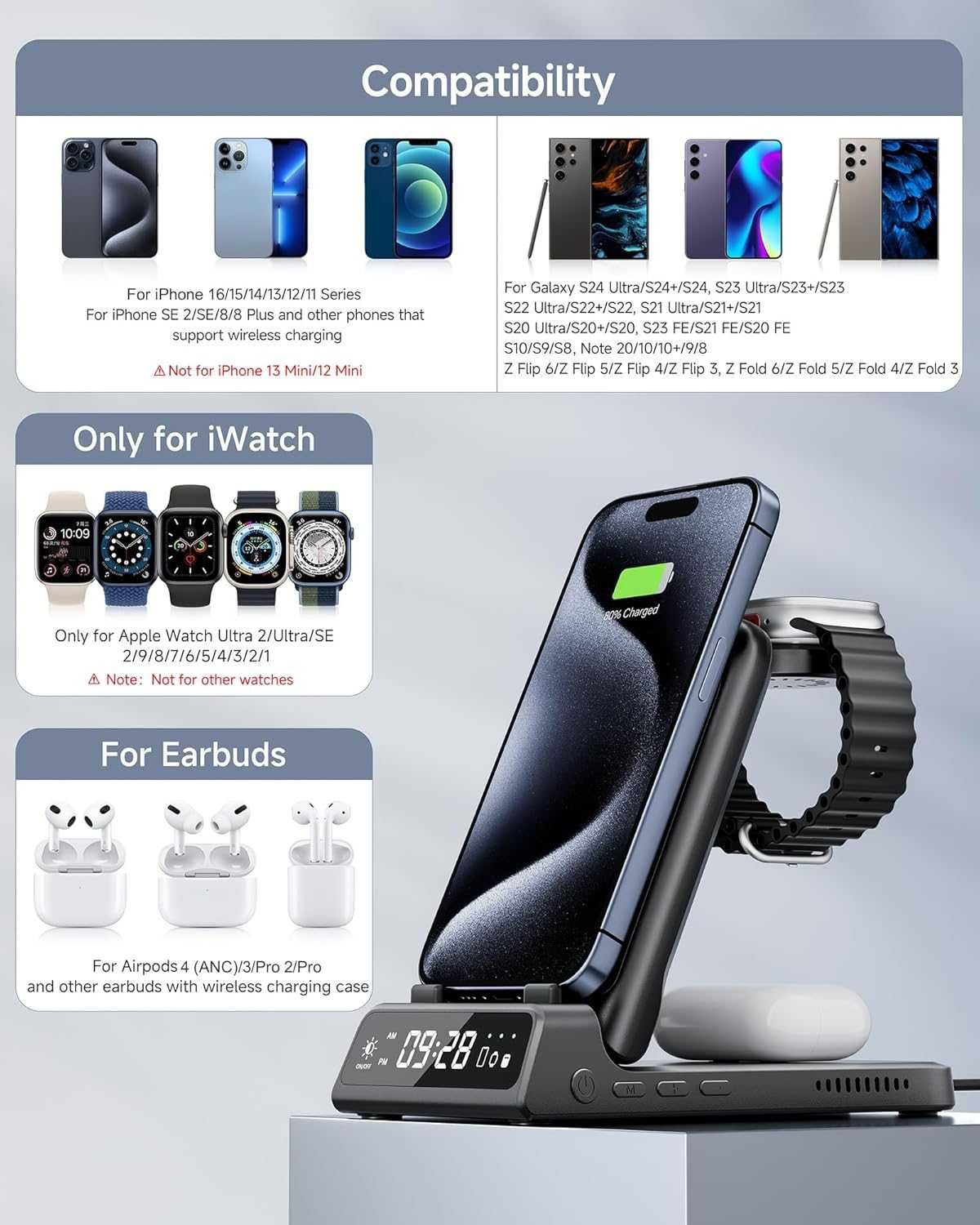 Bezprzewodowa Stacja Ładująca, Ładowarka 3 w 1 do iPhone, Apple Watch