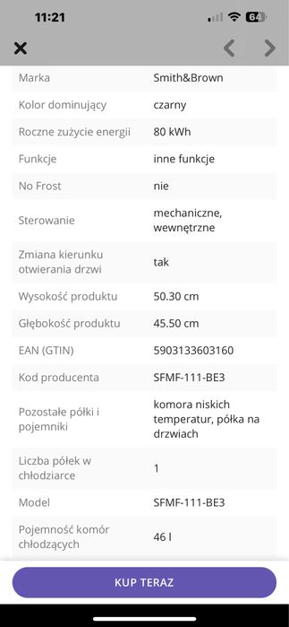 Lodówka Smith&Brown ,poj.46litrów 50cmx45cm dwustronne otwieranie .