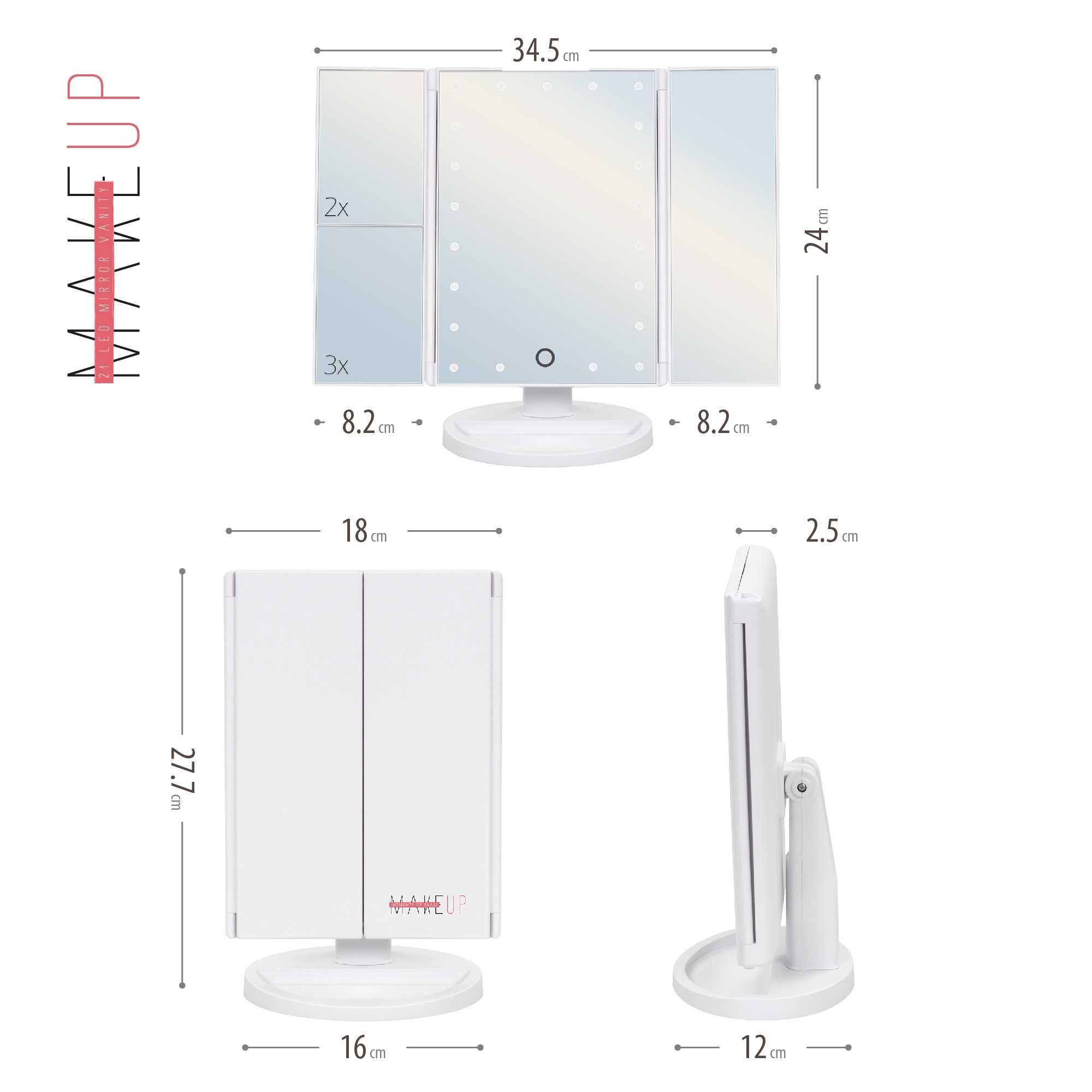 Espelho de Maquilhagem com 21 Pontos de Luz LED e Ampliação