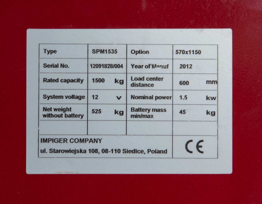 wózek podnośnikowy półelektryczny SPM1535 paleciak 1500kg 3,5m stanBDB