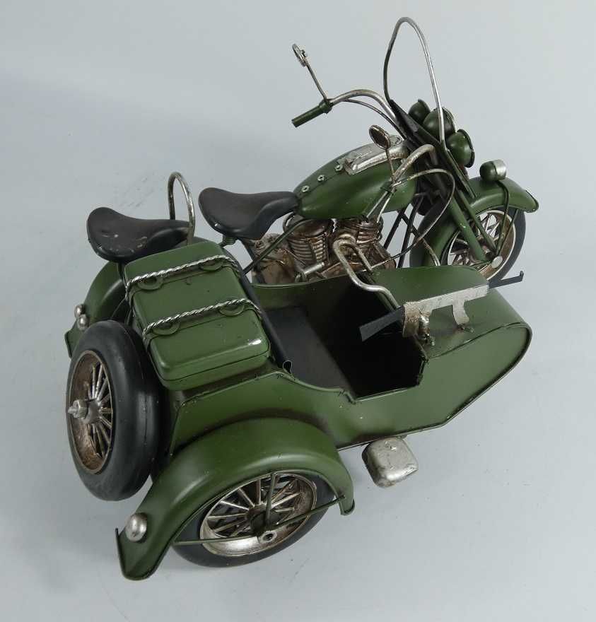 Wojskowy Metalowy MOTOCYKL z koszem zielony karabin RETRO pojazd motor