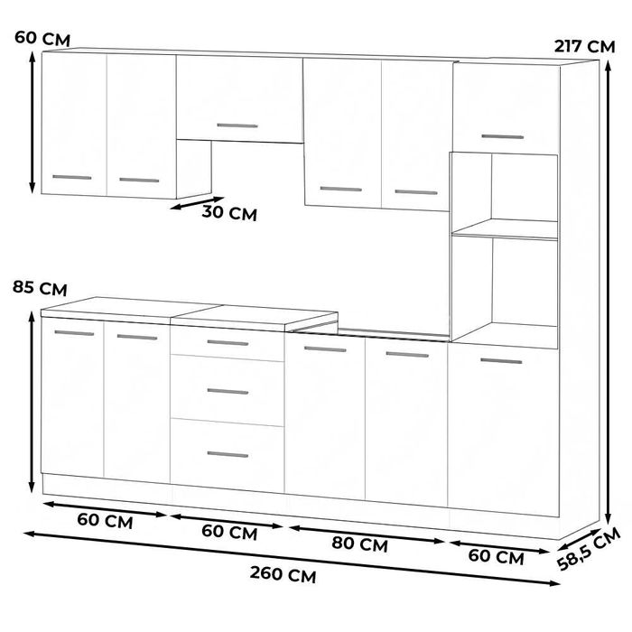 Kuchnia Marra 2.6m Ze Słupkiem Zestaw Modułowy Z Blatem Duży Pojemny