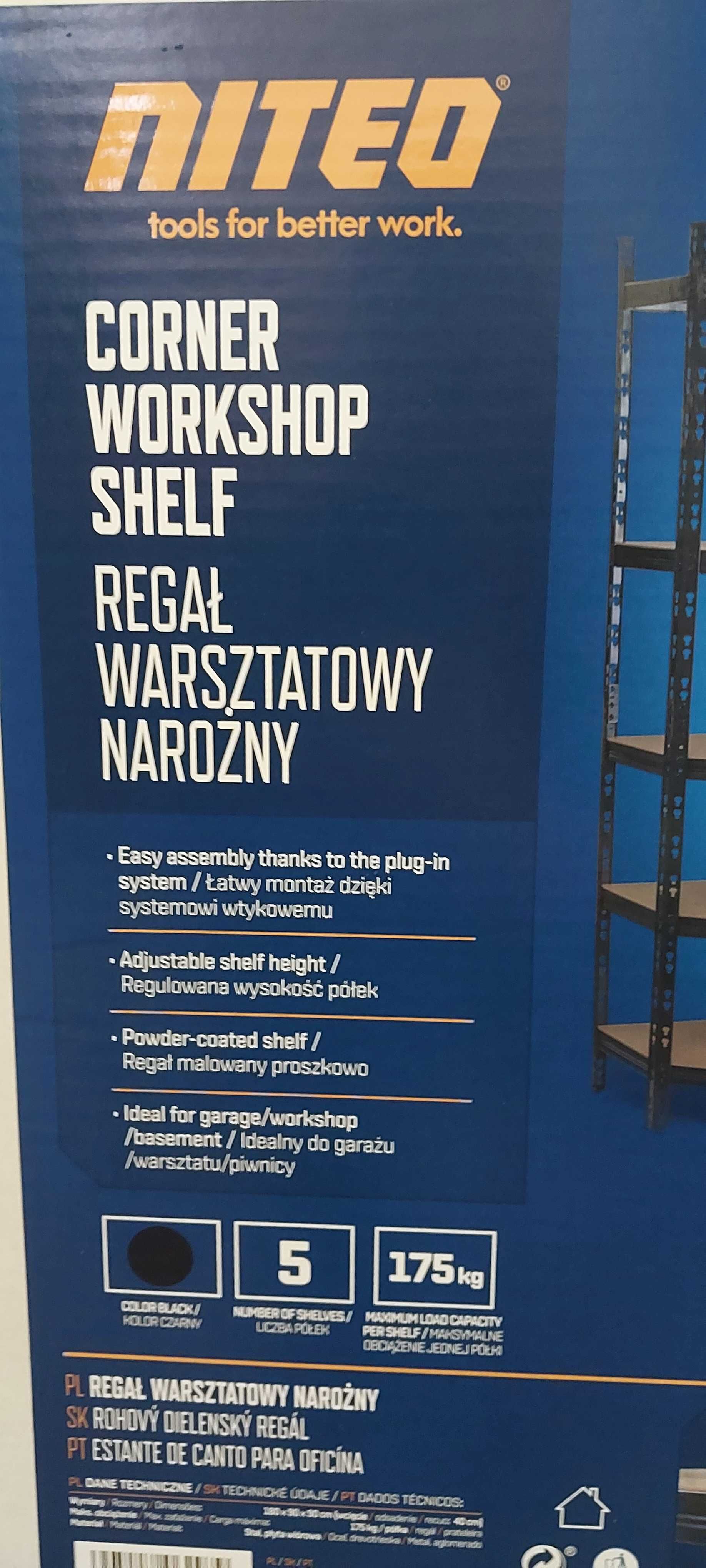 Regał warsztatowy magazynowy garażowy narożny czarny metal Nowy 180x90