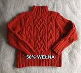 Gruby czerwony sweter półgolf warkocze wełna marks&spencer