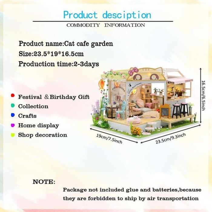 DIY Kocia kawiarnia z LED Miniaturowy domek dla lalek Handmade 1:24