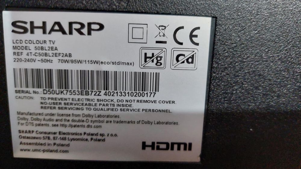 Cześci sprawne do telewizora Sharp 50bl2ea 50”