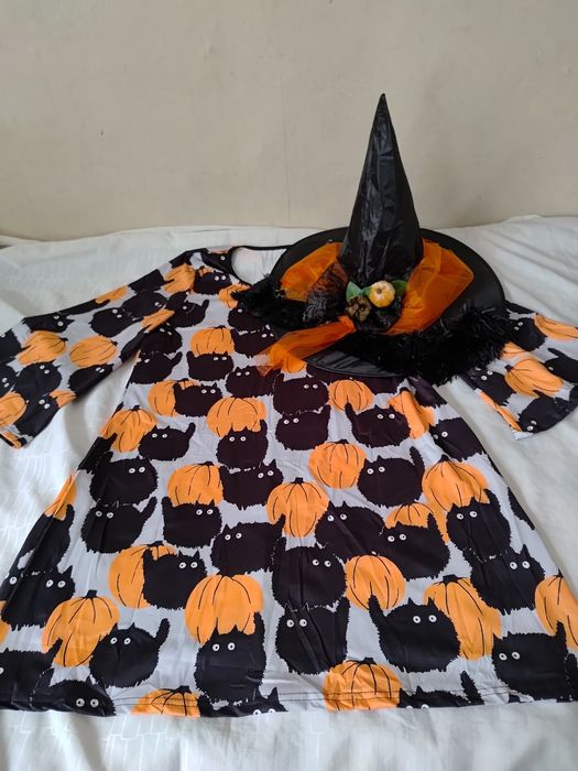 Strój przebranie czarownica wróżka Halloween czarny kot dynia roz XXL