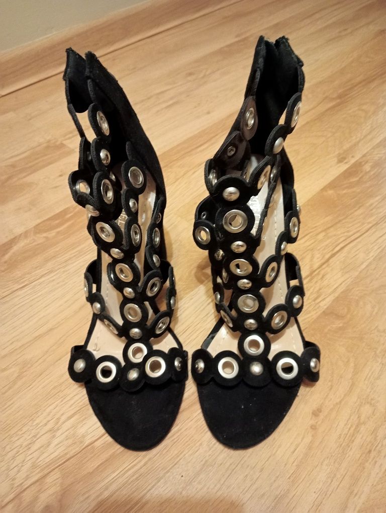 Sandały na obcasie, buty na słupku, czarne, srebrne, Bestelle, r. 36
