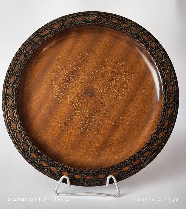 Talerz ozdobny orzeł drewniany rzeźbiony Cepelia rękodzieło  PRL 29 cm