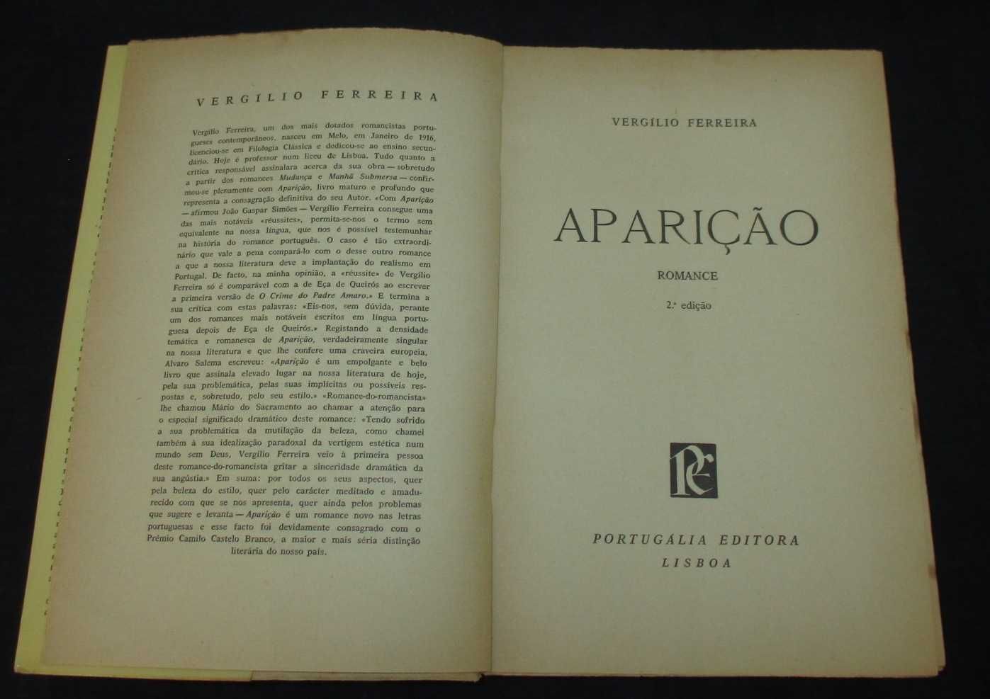 Livro Aparição Vergílio Ferreira 2ª edição Portugália