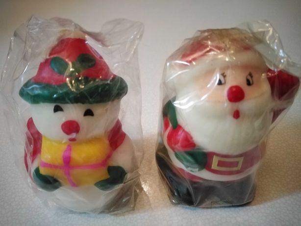 Velas de Natal com figuras Pai Natal e Boneco de Neve