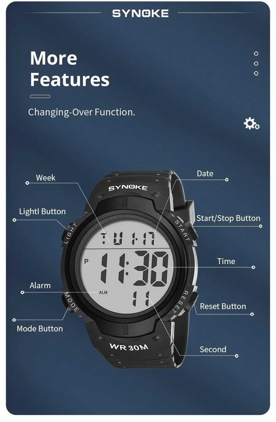 Zegarek męski Synoke elektroniczny cyfrowy czarny sportowy LED WR30