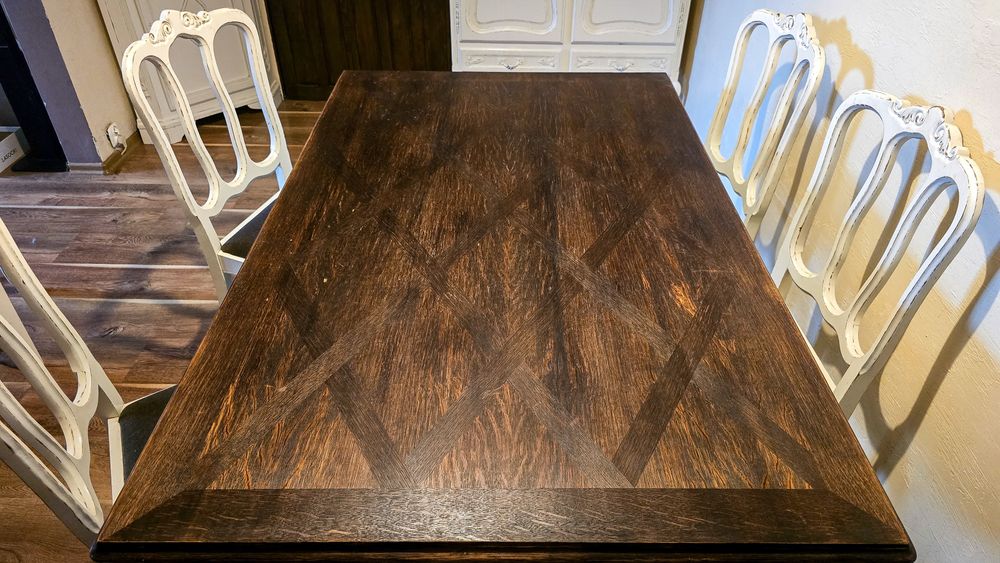 Francuski stół dębowy + 6 krzeseł – oryginalny antyk po stylizacji