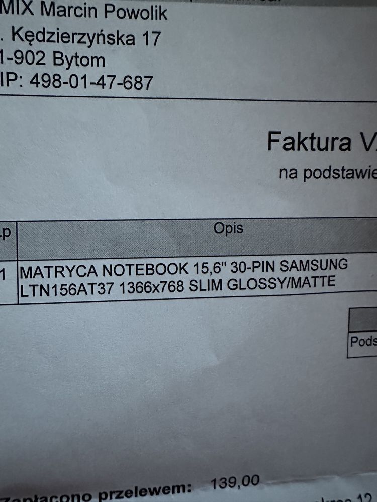 Nowa matryca notebook 15,6 30Pin Samsung 1366x768