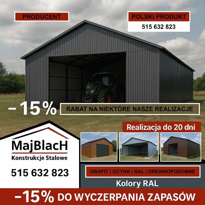 Hala - Wiata Złoty Dąb|Garaż Blaszany|RABAT -15% | PRODUCENT Maj-Blach