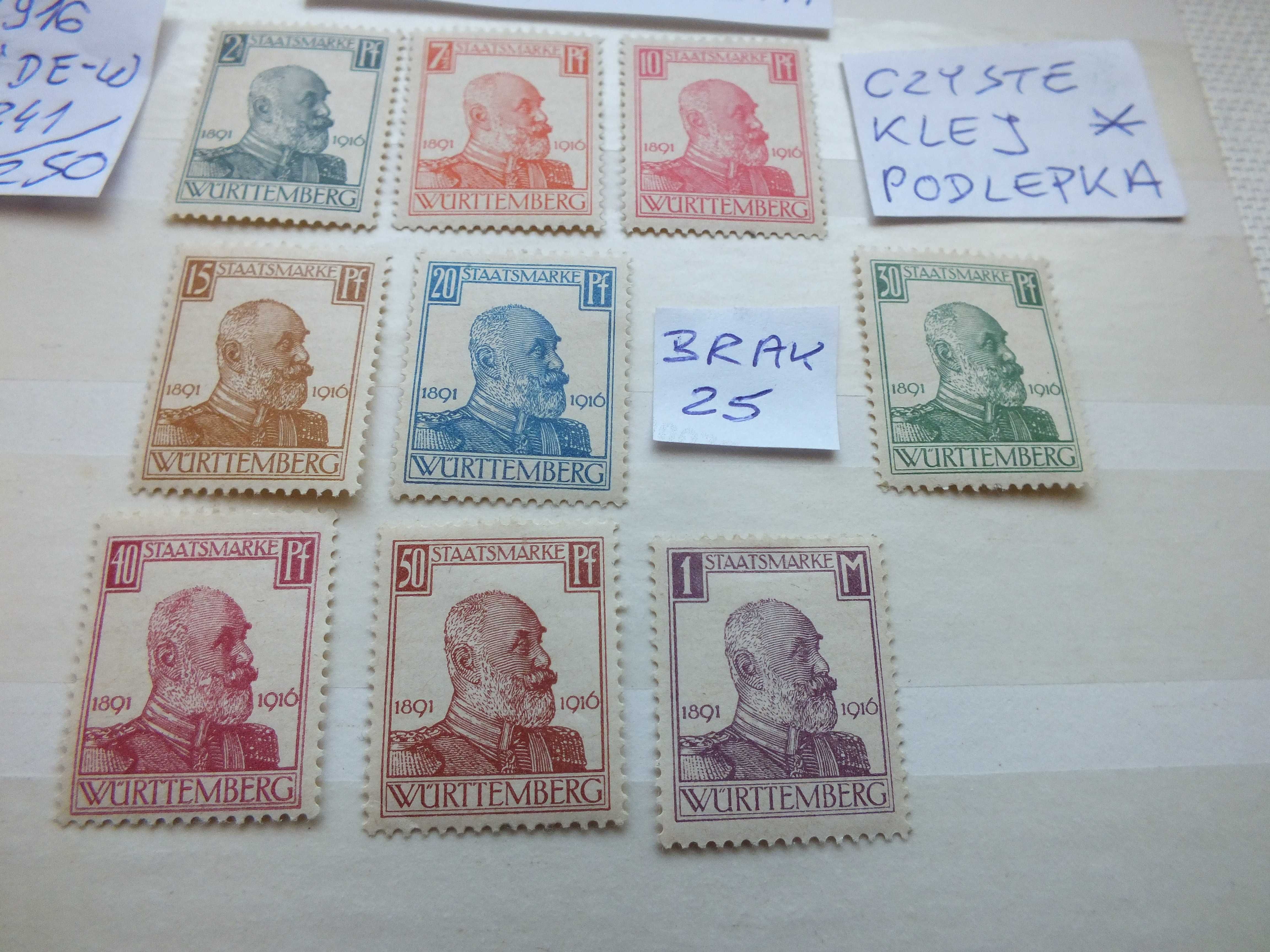 9szt. znaczki Mi241 WIRTEMBERGIA Niemcy 1916r. Wurttemberg czyste *