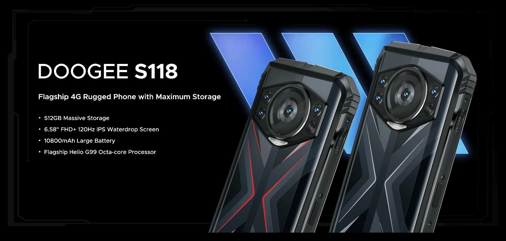 DOOGEE S118, 20/512 Gb, 50/12NV/8/32Mp, 10800мАч, G99, 6,59", стерео