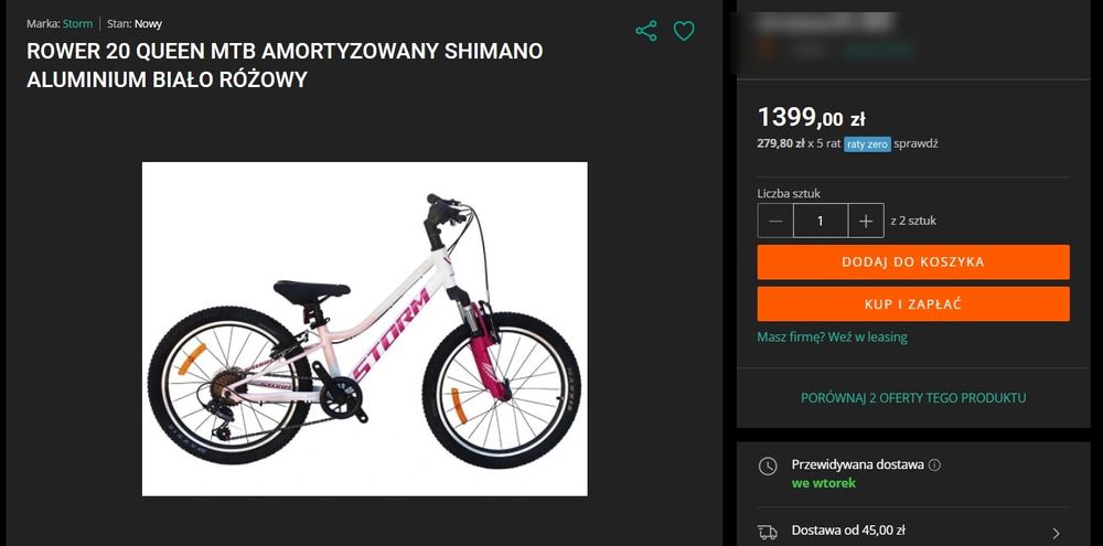 Rower dziecięcy Storm Queen aluminiowy  20" z hamulcami V-Brake