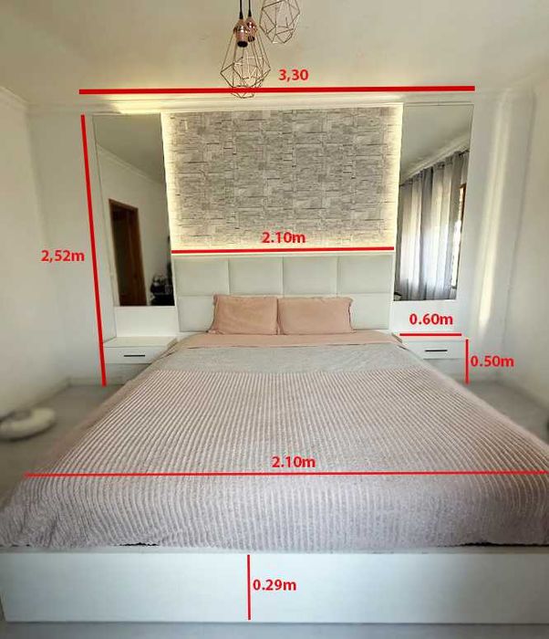 Cama KING (200X200) + Mesa Cabeceira + Espelhos + LED