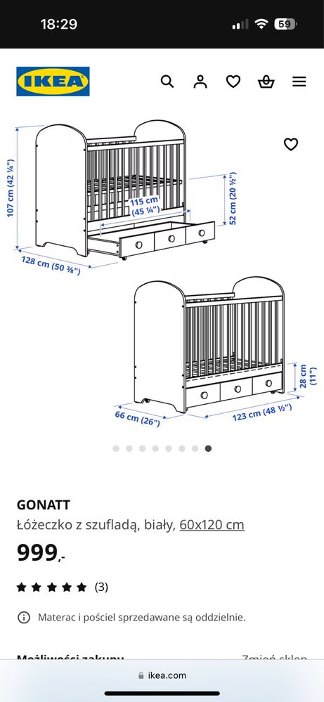 Łózeczko niemowlęce Ikea GONATT